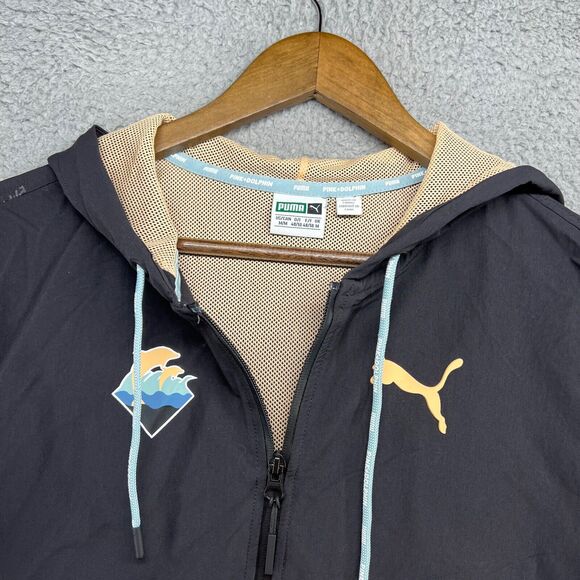 Puma Windbreaker Jacket Men's Medium Black Zip Pink Dolphin Hooded Short Sleeve - Picture 5 of 12